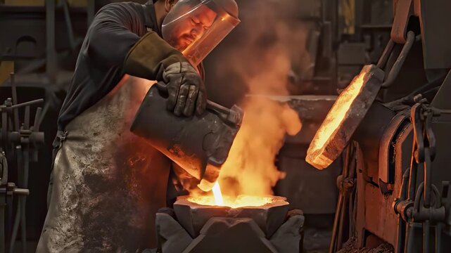 Worker Pours Hot Steel. Industrial Worker Handles Molten Metal. Protective Gear In Foundry Amidst Fiery Sparks. Closeup Of Laborer Pouring Glowing Steel With Safety Equipment