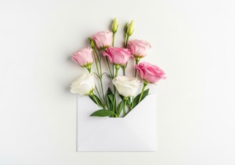 Obraz premium Bouquet of pink and white flowers in an envelope isolated on white background