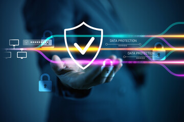 Cybersecurity and data protection concept featuring digital shield with check mark and network security data transmission, privacy protection, encryption technology and information security. © bixpicture