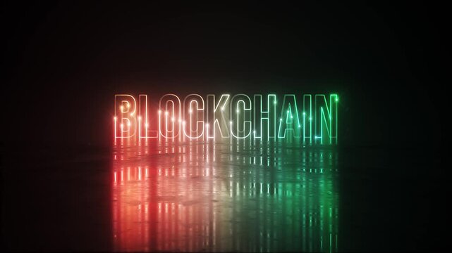 Blockchain colorful neon laser text animation effect cinematic title on black abstract background.