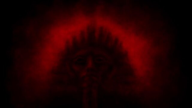 Dark 2D animation in horror fantasy genre. Spooky character head animated backdrop. Scary thing silhouette in fog. Abstract Vj looped video clip. Halloween ghost short film. Spooky visions of hell. 