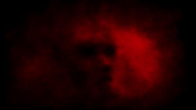 Dark 2D animation in horror fantasy genre. Spooky character head animated backdrop. Scary thing silhouette in fog. Abstract Vj looped video clip. Halloween ghost short film. Spooky visions of hell. 