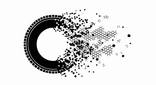 Abstract circular shape dissolving into scattered particles and geometric patterns.