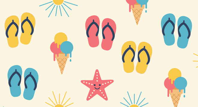 Colorful beach scene with flip flops, ice cream cones, and starfish on sandy background