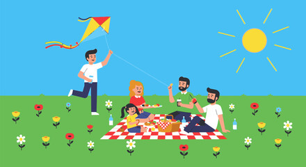 Obraz premium Family enjoys outdoor picnic with children flying a colorful kite nearby