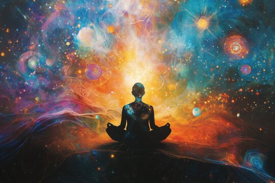 A meditative portrait of an individual sitting cross-legged, with their thoughts materializing as glowing, colorful orb and swirls.