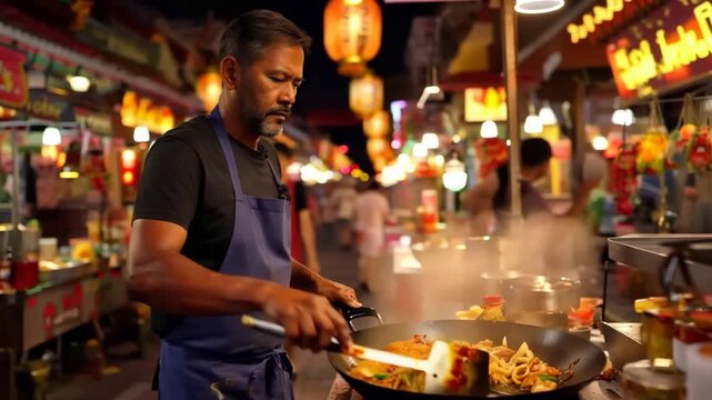 Street food vendor pouring sauce over sizzling wok dish in warm market lighting capturing culinary artistry in action