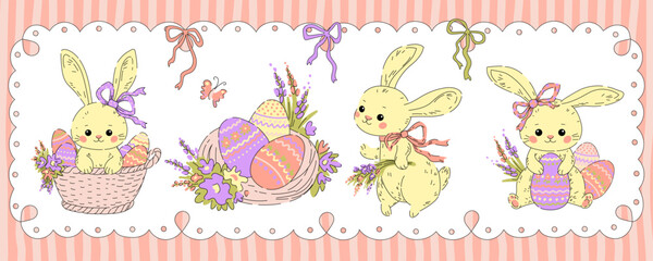 Fototapeta premium Easter horizontal banner with painted eggs, nest, rabbits, flowers and bows. Cute design with lace frame and striped background in pastel colors. spring greeting card, invitation in retro style.