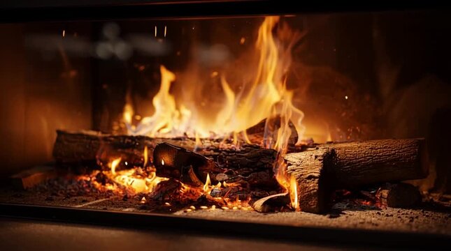 Romantisches Kaminfeuer mit brennenden Holzscheiten und flackernden Flammen. Gem&uuml;tliche Atmosph&auml;re &ndash; ideal f&uuml;r Winter, Entspannung, Wohnzimmerstimmung und animierte Hintergrundvideos.