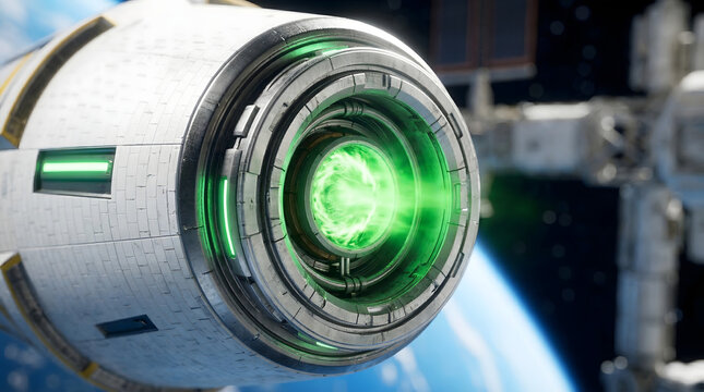 Close up of neon green ion engine on futuristic spacecraft