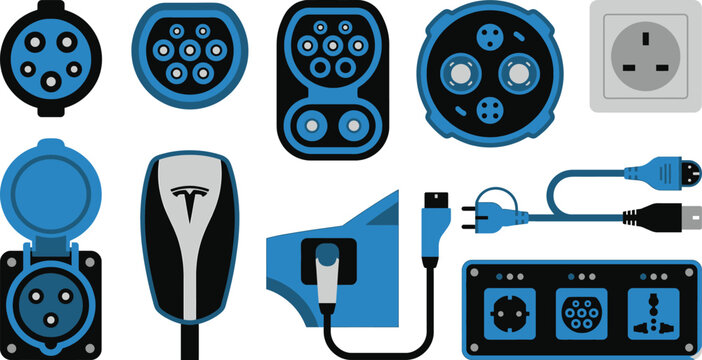 Distinct electric vehicle connector type plug icons with Type 1 Type 2 CCS CHAdeMO in blue black grey for technical standard branding design