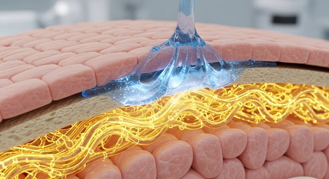 3D illustration of skin anatomy with water essence penetrating through layers to collagen fibers