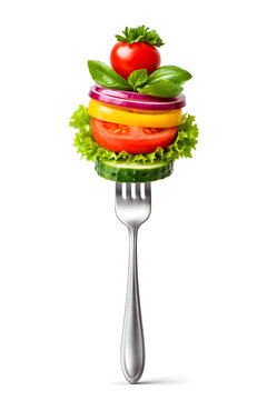 A fork holds a stack of fresh vegetables in layers. The stack includes lettuce, cucumber, tomato, onion, and herbs. It shows a healthy food choice that is bright and appealing