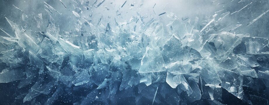 Shattered Ice: A stunning display of fractured ice crystals glistens, the shards of ice scattering creating a mesmerizing display of fragility and destruction.