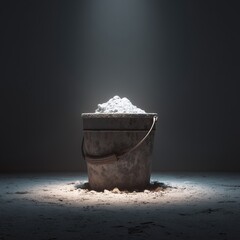 Naklejka premium Bucket of Mortar Under Spotlight: A weathered bucket brimming with mortar sits under a single spotlight against a textured background, highlighting the rugged surface and the raw material inside.
