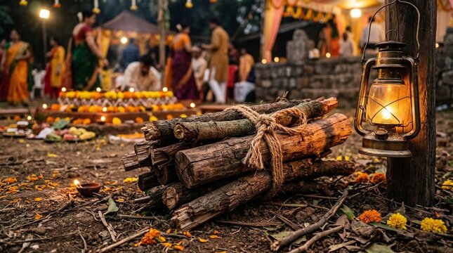 Firewood bundle tied with rustic jute rope for Holika Dahan  
