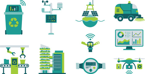 Smart environment waste management icons with recycling bin air quality monitor water sensor in teal lime green light gray for sustainable urban branding design © Madhuka Disanayaka