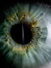 Makroaufnahme einer menschlichen Iris mit feinen Strukturen der Netzhaut. Detailreiches Auge im Close-up &ndash; ideal f&uuml;r Medizin, Biometrie, Identit&auml;t und wissenschaftliche Fotografie.