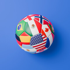 Obraz premium International soccer events concept: A soccer ball with American, Mexican, Canadian, Spanish, German, French, Argentinian, Brazilian, Croatian, English, Portuguese, Norwegian flags on blue