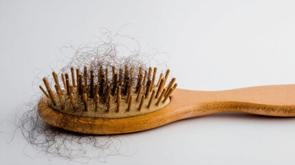 Obraz premium Wooden hairbrush filled with falling hair indicating hair loss