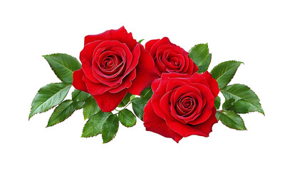 Three vibrant red roses with lush green leaves on transparent background png