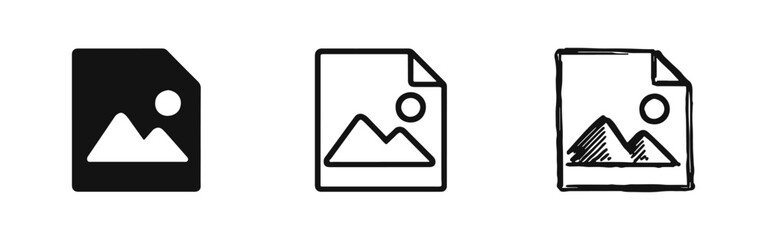 Image file document icon set. Photo graphic symbol. Solid, outline, and doodle style multimedia picture format.