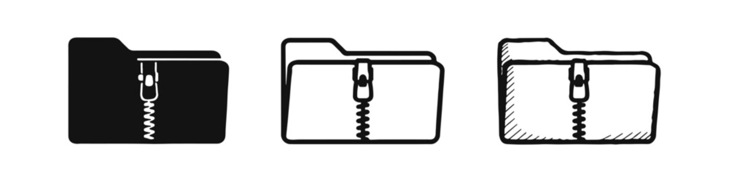 Zipped folder archive icon set. Compressed file symbol. Solid, outline, and doodle style data compression graphics.