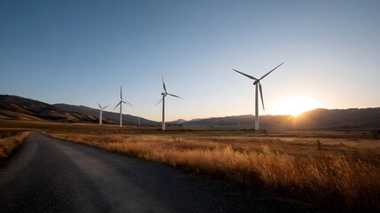Obraz premium Rows of wind turbines stand tall in a dry field illuminated by the warm golden light of a setting sun