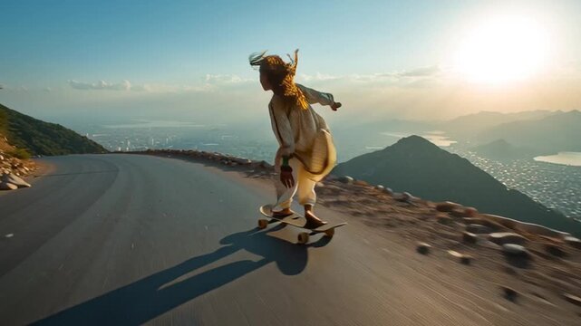 Pashtun Girl Skateboarding Fast Downhill Mountain Road Scenic Landscape
