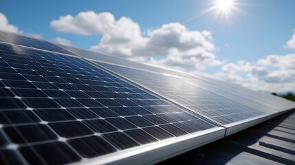 Obraz premium Angled view of solar panels absorbing bright sunlight under a blue sky with clouds