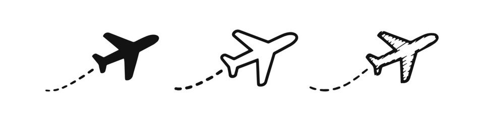 Airplane with flight path icon set in solid, outline, and hand-drawn styles, ideal for travel and aviation themes. © drawing lines