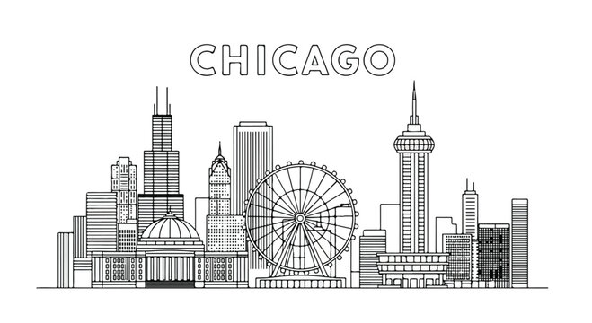 Illustration of Chicago city skyline with iconic buildings and a Ferris wheel in grayscale.