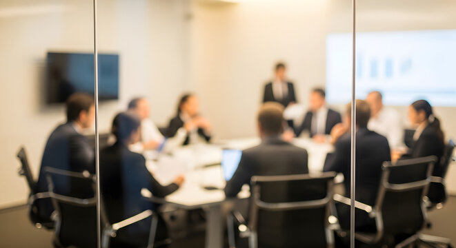 blurred image of business people in a meeting behind a glass wall in a conference room with a project.