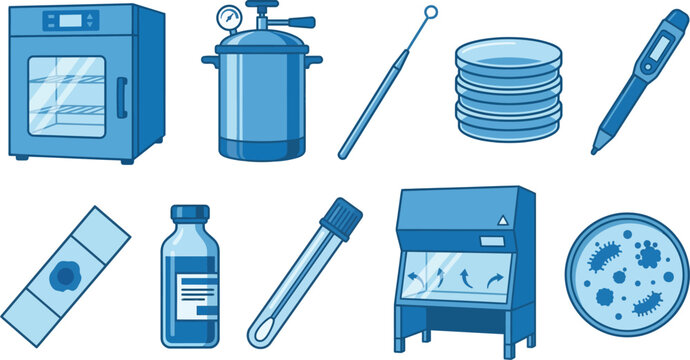 Microbiology cell culture lab icons with autoclave incubator biosafety cabinet bacterial colony in blue white for science illustration design
