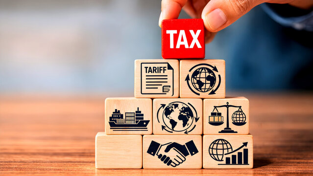 "Wooden blocks with tariff, tax, import, and export icons illustrate the concept of global trade and economic policy."