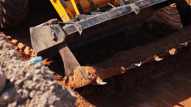Front loader bucket leveling soil at construction site