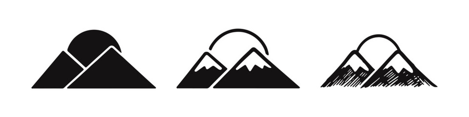 Mountains and Sun Icon Set - Scenic Landscape Elements in Stylized, Outline, and Sketch Styles for Nature
