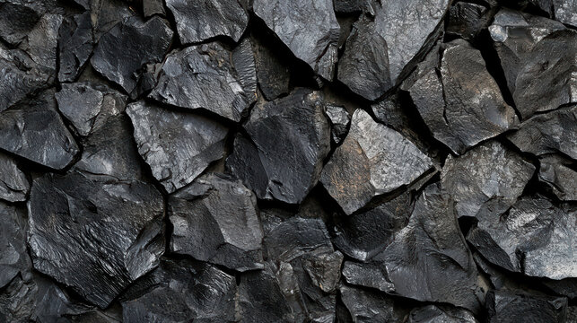 The dark, rough texture of fractured obsidian rocks creates an elegant and natural backdrop, showcasing a striking contrast of shadows and light on the edges.
