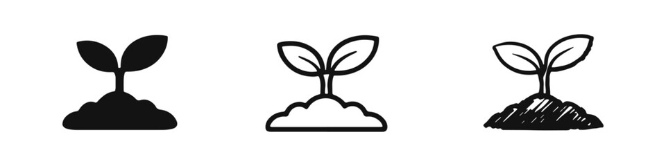 Plant seedling in soil icon set. Growth, nature, and environment vector illustration in varied artistic styles. © drawing lines