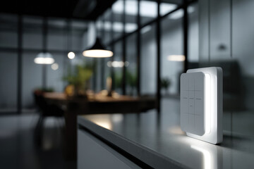 An illuminated smart control panel catches attention in a contemporary office space, symbolizing the convergence of technology and design for a modern lifestyle.