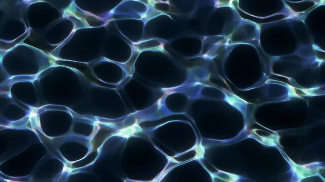 Abstract organic cellular structure with luminous bio-luminescent highlights on a dark background