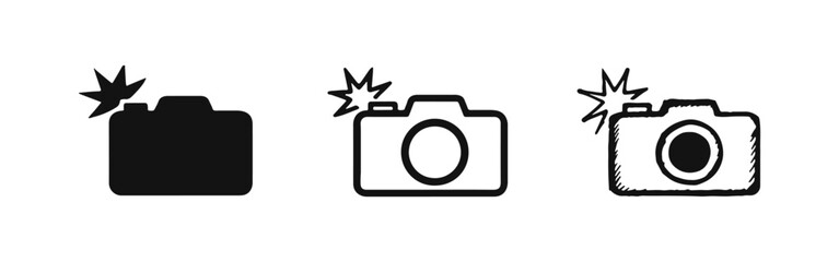 Photo Camera with Flash Icons Set - Photography and Instant Capture Symbols in Diverse Styles © drawing lines