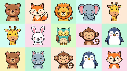 Fototapeta premium Charming Vector Cartoon Animal Faces Collection for Kids Designs, Adorable Wildlife Character Avatars and Digital Stickers Bundle