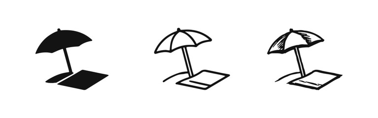 Beach Umbrella and Towel Icons Set - Summer Holiday and Vacation Relaxation Symbols © drawing lines