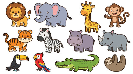 Fototapeta premium Cartoon jungle animal characters vector set featuring lions, elephants, giraffes, monkeys, tigers, zebras, hippos, rhinos, toucans, parrots, crocodiles, and sloths