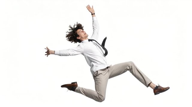 A joyful businessman leaps upwards, arms outstretched. He wears a white shirt, tie and khakis