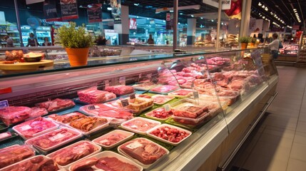 Fresh Cuts of Meat Displayed in a Modern Supermarket Meat Counter with Neat Packaging and Vibrant Lighting