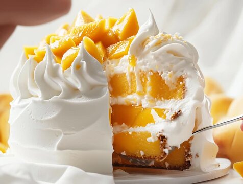 Delicious mango mousse cake decorated with whipped cream and mint leaves