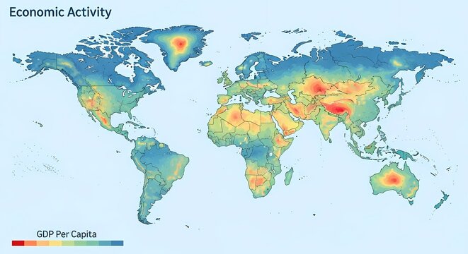 A world map visualizing economic activity, represented by GDP per capita, with a color gradient indicating varying levels of economic output across different regions.