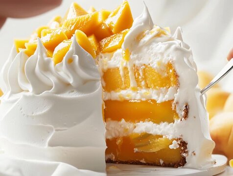 Delicious mango mousse cake decorated with whipped cream and mint leaves
